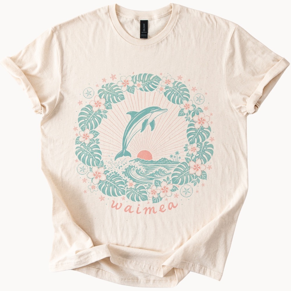 Dolphin Tropical Sunset Graphic Tee Vintage Ocean Beach Design